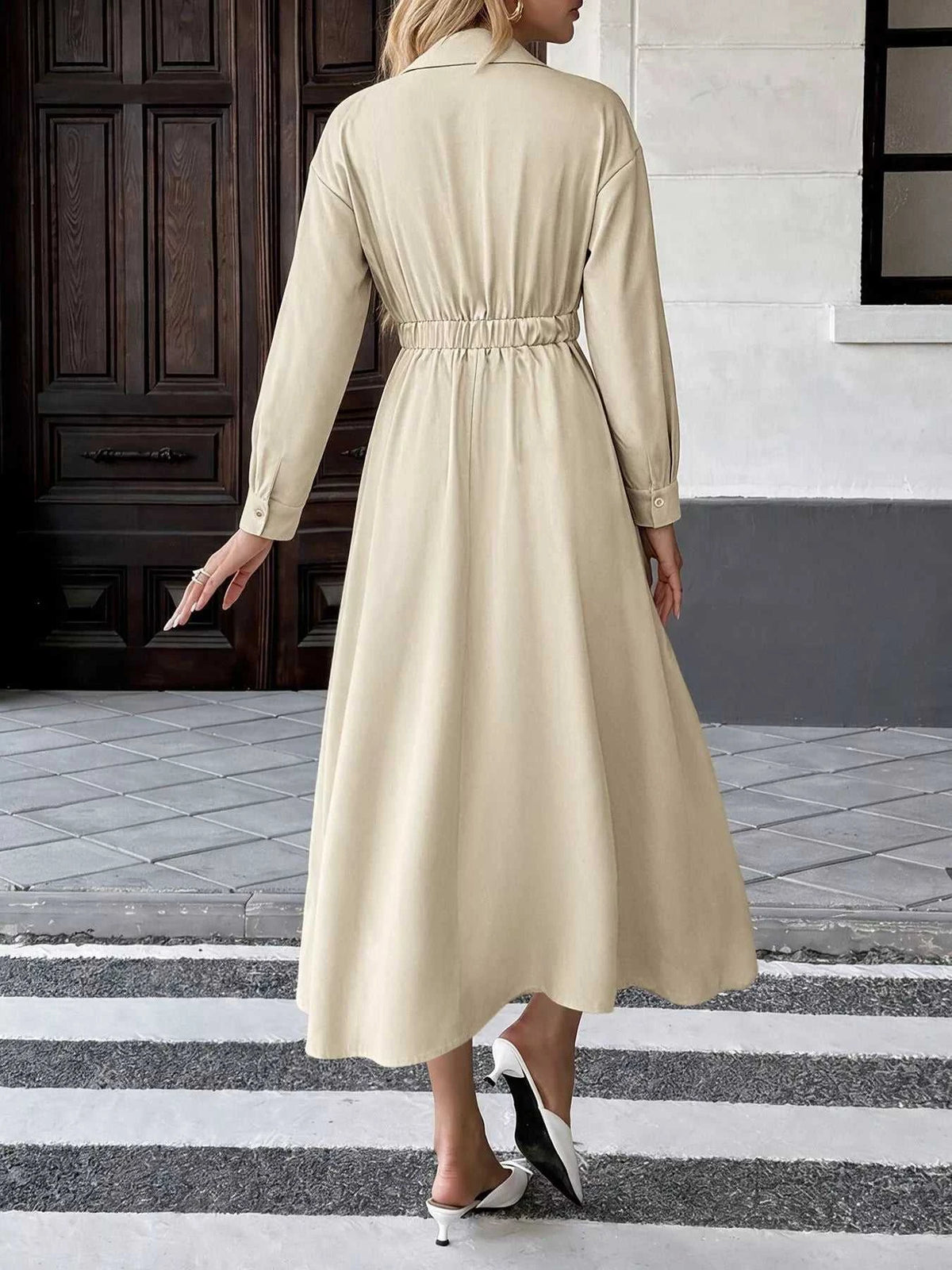 Pleated Button Detail Long Sleeve Shirt Dress 101001048648806 56 Affordable Fashion Under $100 Jerry's Apparel 