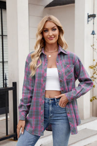 Pocketed Plaid Collared Neck Long Sleeve Shirt