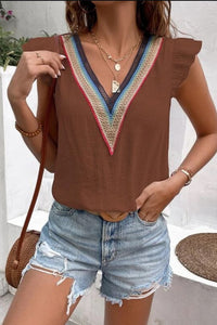 Full Size Ruffled V-Neck Cap Sleeve Blouse