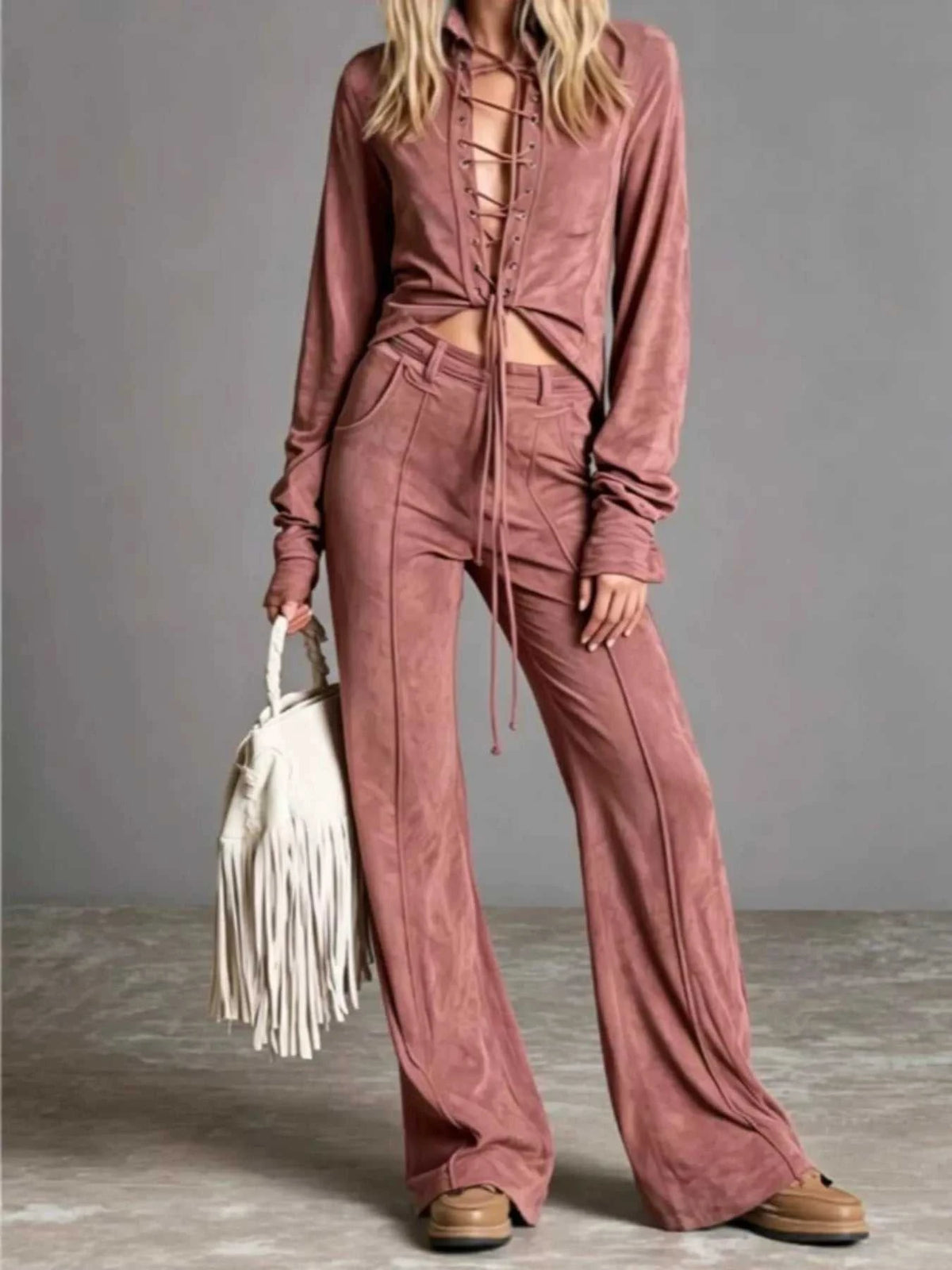 Full Size Lace-Up Long Sleeve Top and Wide-Leg Pants Set Plus Size 101001057963261 65 Affordable Fashion Under $100 Jerry's Apparel 