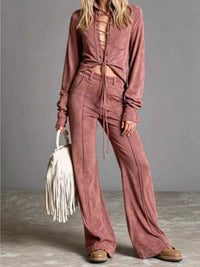 Full Size Lace-Up Long Sleeve Top and Wide-Leg Pants Set Plus Size 101001057963261 65 Affordable Fashion Under $100 Jerry's Apparel 