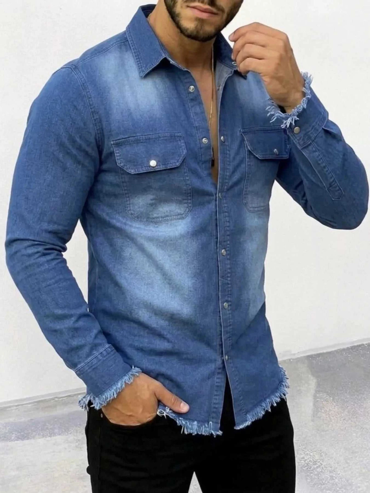 Men's Frayed Hem Denim Shirt 104003540187673 49 Affordable Fashion Under $100 Jerry's Apparel 