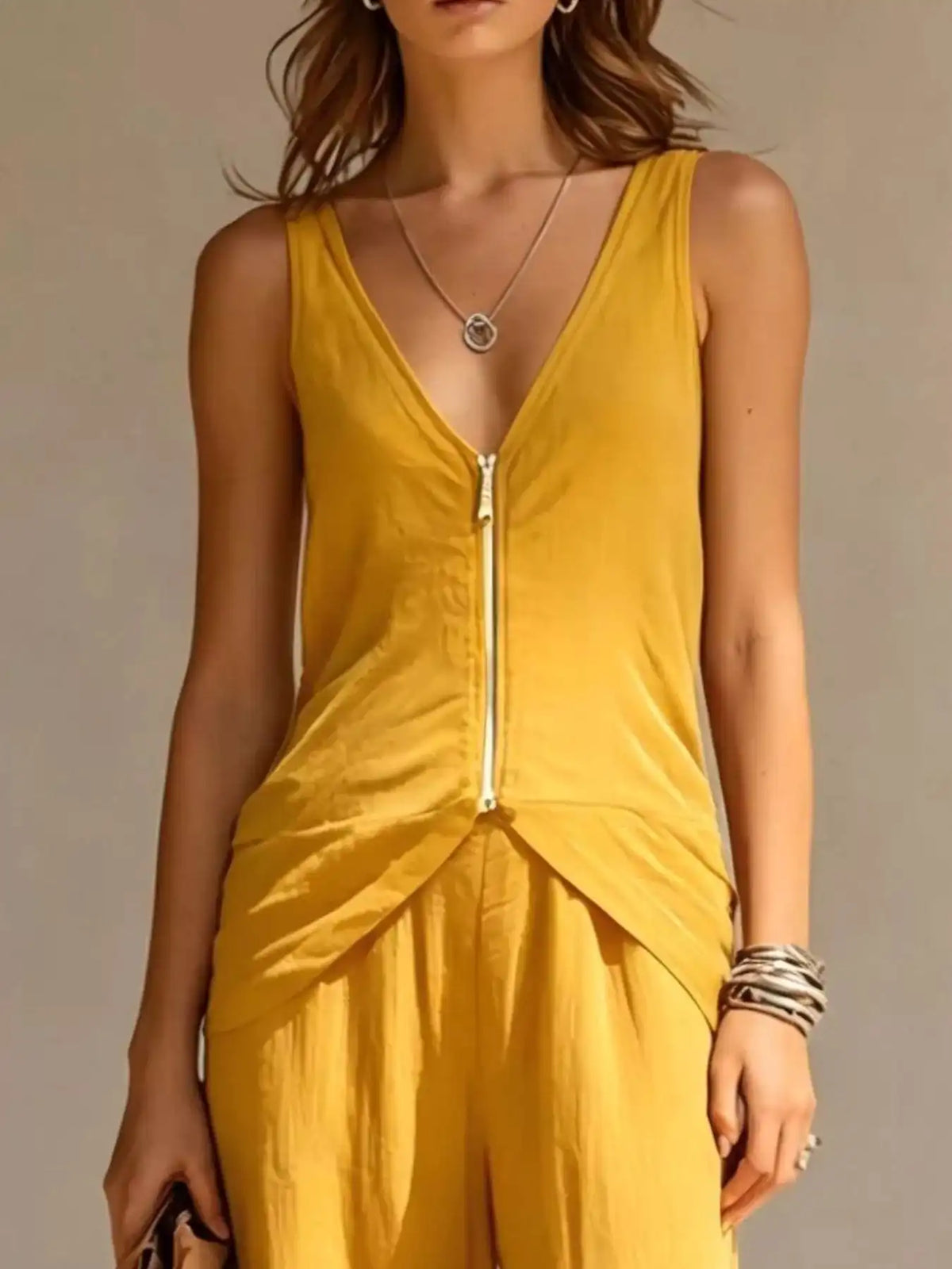 Full Size Zipper Front Tank and Wide-Leg Pants Set Plus Size 101001865169610 58 Women's Pants Set Gifts for Her Jerry's Apparel 