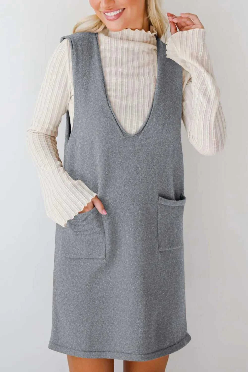 Lovelet Pocketed V-Neck Mini Sweater Overall Dress 100100741662145 42 Affordable Fashion Under $100 Jerry's Apparel 