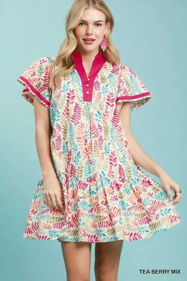 Umgee Leaf Print Flutter Sleeve Tiered Mini Dress 100100475441385 64 Affordable Fashion Under $100 Jerry's Apparel 