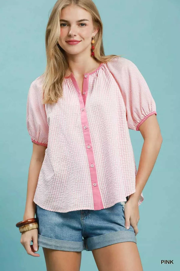 Umgee Checker Puff Sleeve Button Front Blouse 100100610821968 49 Affordable Fashion Under $100 Jerry's Apparel 