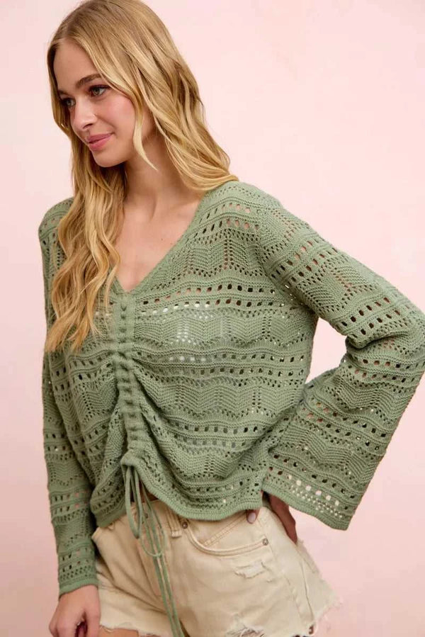 BiBi Pointelle Knit V Neck Ruched Front Lightweight Top 100100962711230 42 Affordable Fashion Under $100 Jerry's Apparel 