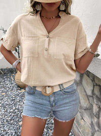 Perfee Buttoned Notched Neck Cuffed Sleeve Blouse 100100356421132 31 Affordable Fashion Under $100 Jerry's Apparel 