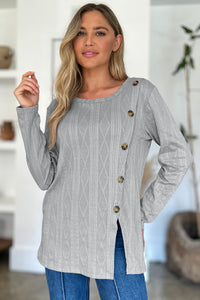 Slit Round Neck Long Sleeve T-Shirt