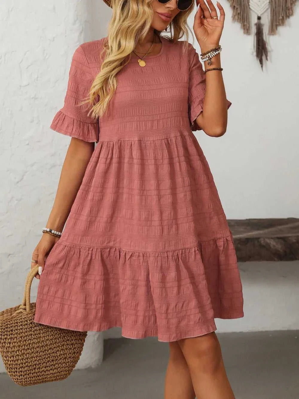 Mandy Ruffled Ruched Round Neck Half Sleeve Dress 100100796041903 25 Affordable Fashion Under $100 Jerry's Apparel 