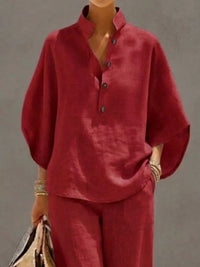 Full Size Button Detail 3/4 Sleeve Top and Pants Set Plus Size 100100971356241 54 Affordable Fashion Under $100 Jerry's Apparel 