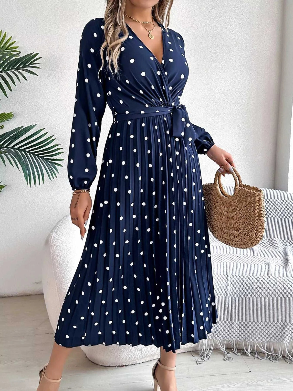 Front Tie Polka Dot Midi Pleated Dress 100100612892124 36 Gifts for Her Jerry's Apparel 
