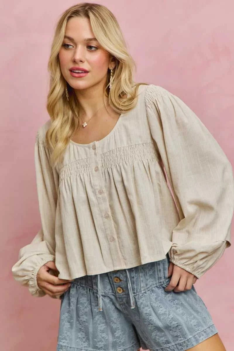 SO ME Linen Blend Woven Long Sleeve With Smocking Top 100100082081653 47 Affordable Fashion Under $100 Jerry's Apparel 