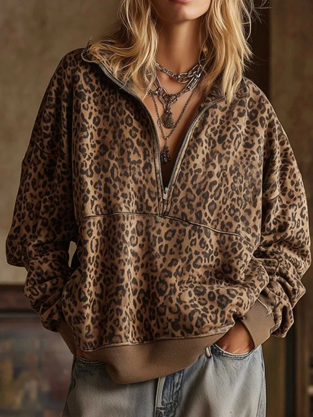 Leopard Half Zip Oversized Sweatshirt 101001634174267 49 Affordable Fashion Under $100 Jerry's Apparel 