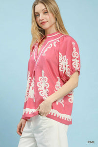 Umgee Boho Print Split-Neck Short Sleeve Top 100100075661814 47 Affordable Fashion Under $100 Jerry's Apparel 