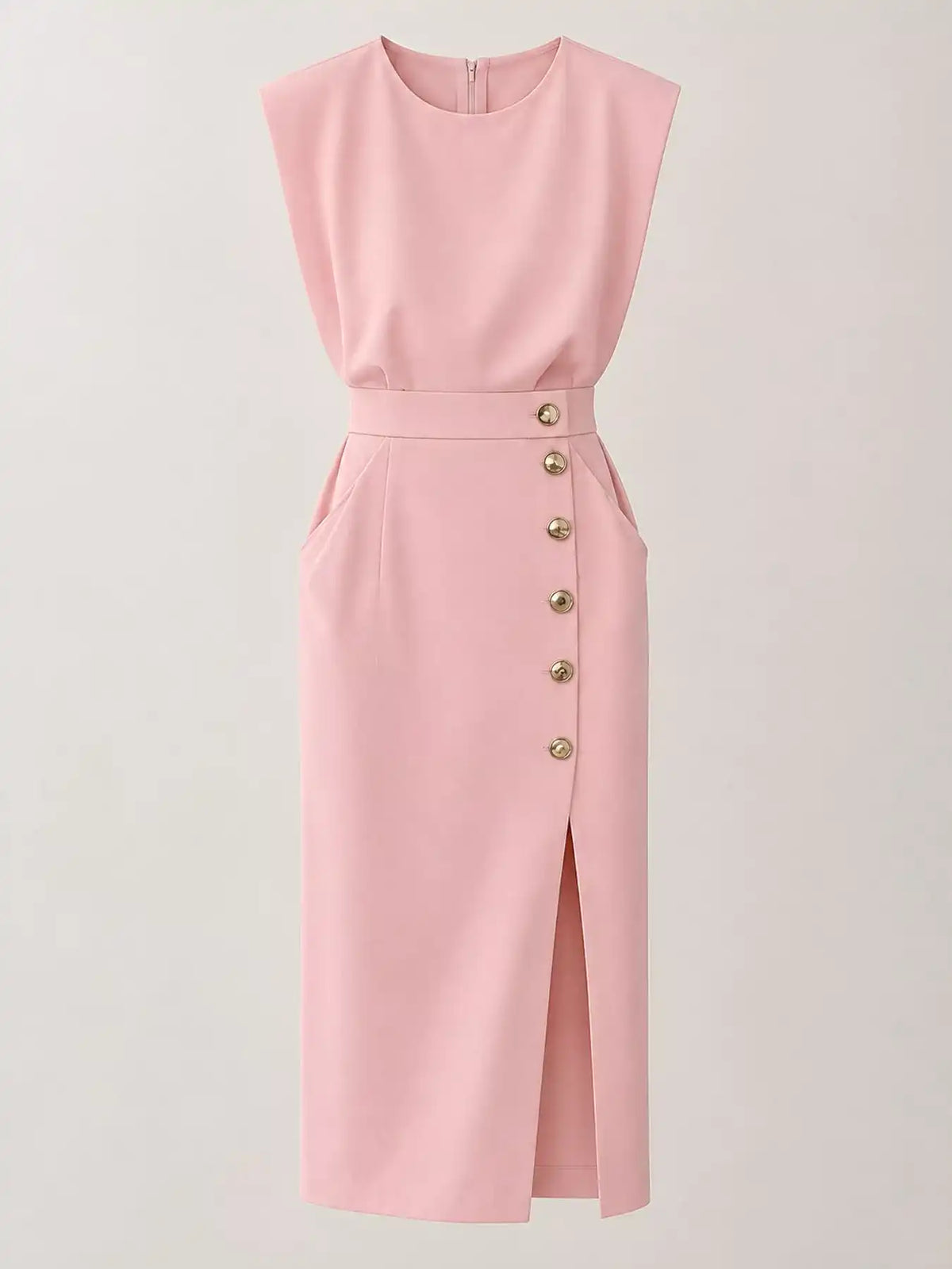 Sleeveless Midi Dress with Gold Button Detail and Side Slit 101001590890082 42 Affordable Fashion Under $100 Jerry's Apparel 