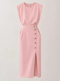 Sleeveless Midi Dress with Gold Button Detail and Side Slit 101001590890082 42 Affordable Fashion Under $100 Jerry's Apparel 