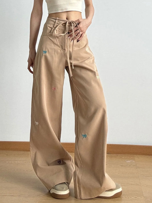 Bow Embroidered Wide Leg Drawstring Casual Pants