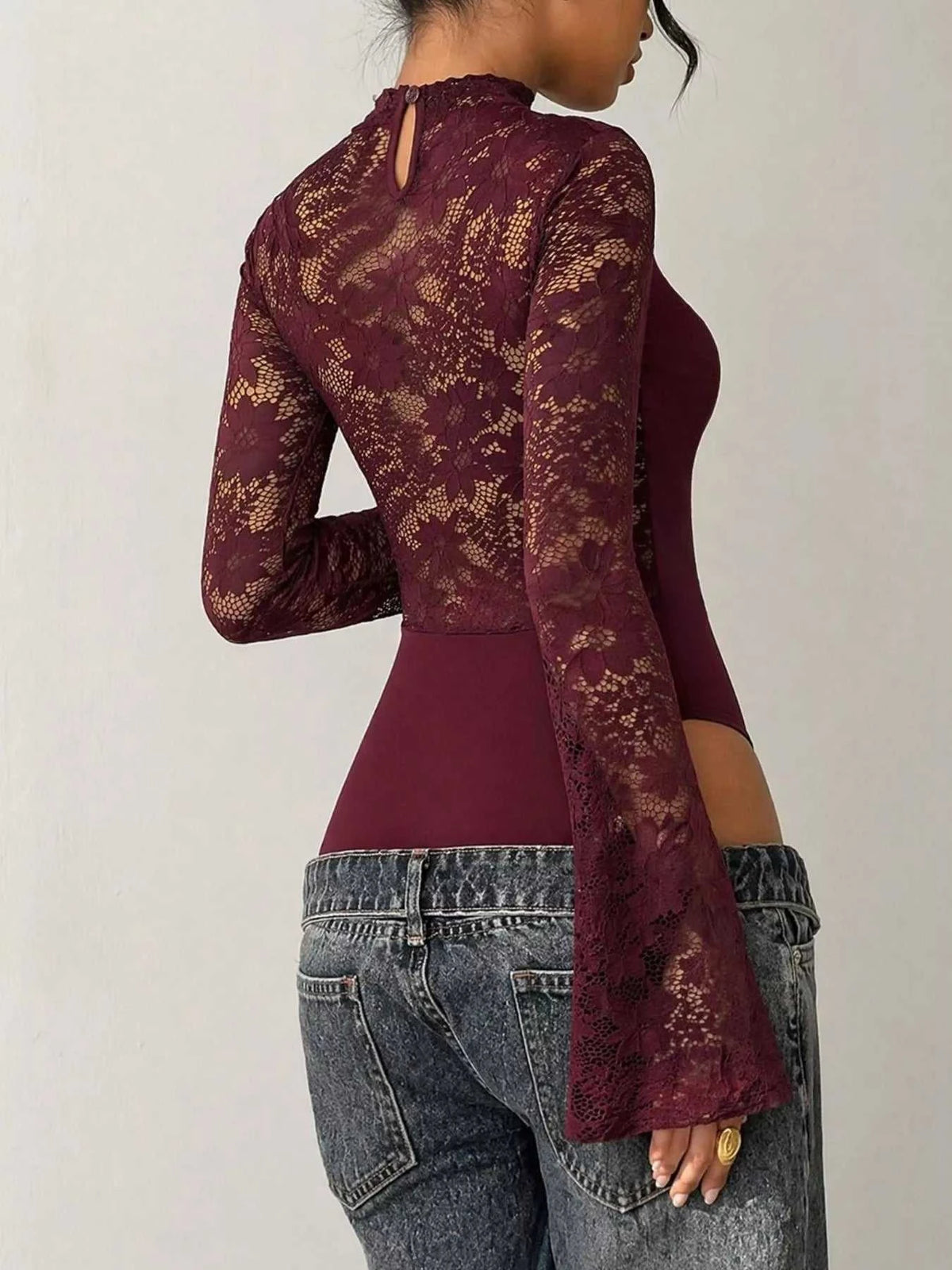 Lace Cut-out Flare Sleeve Bodysuit 100100328113938 32 Affordable Fashion Under $100 Jerry's Apparel 