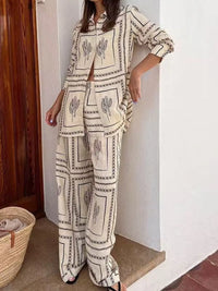 Printed Button Up Shirt and Pants Set