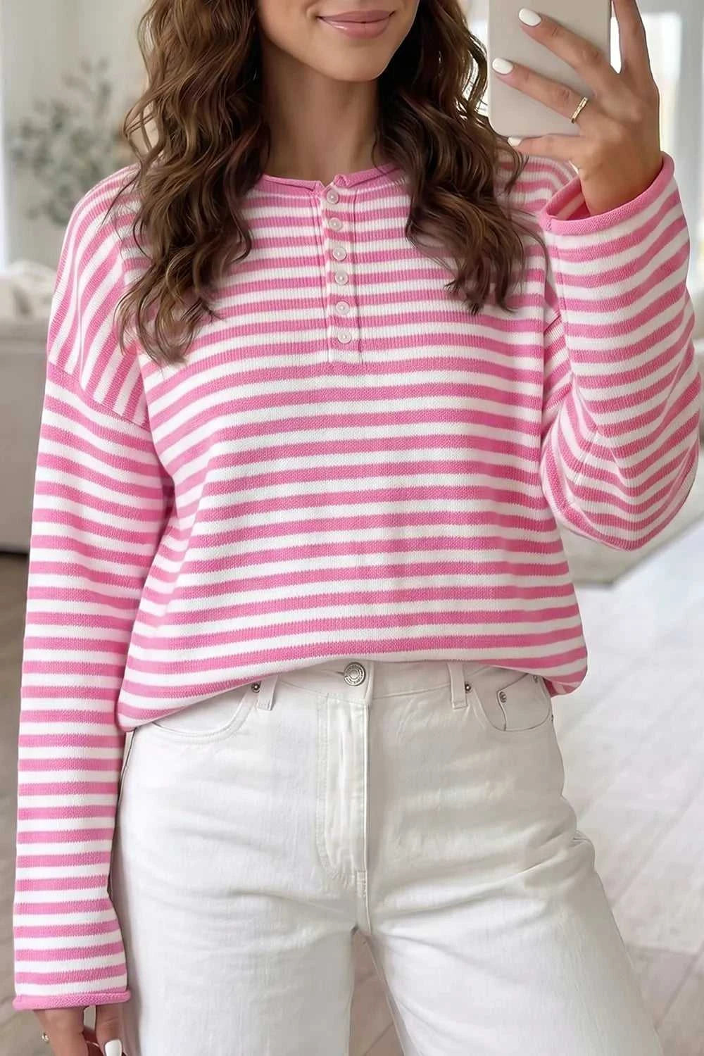 Striped Button Placket Drop Shoulder Long Sleeve Sweater 100100966141645 48 Women's Sweaters and Knitwear Jerry's Apparel 
