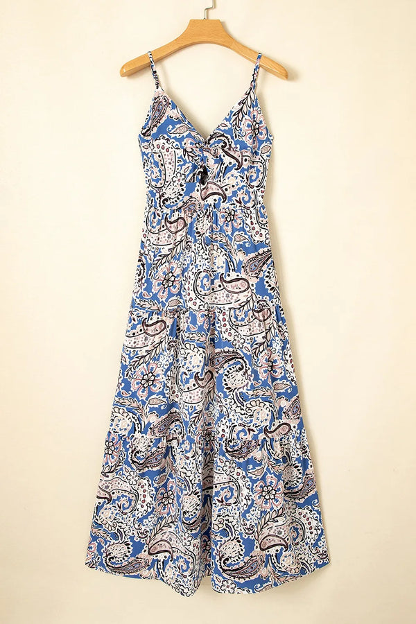 Paisley Print Twist Detail Smocked Back Spaghetti Straps Dress