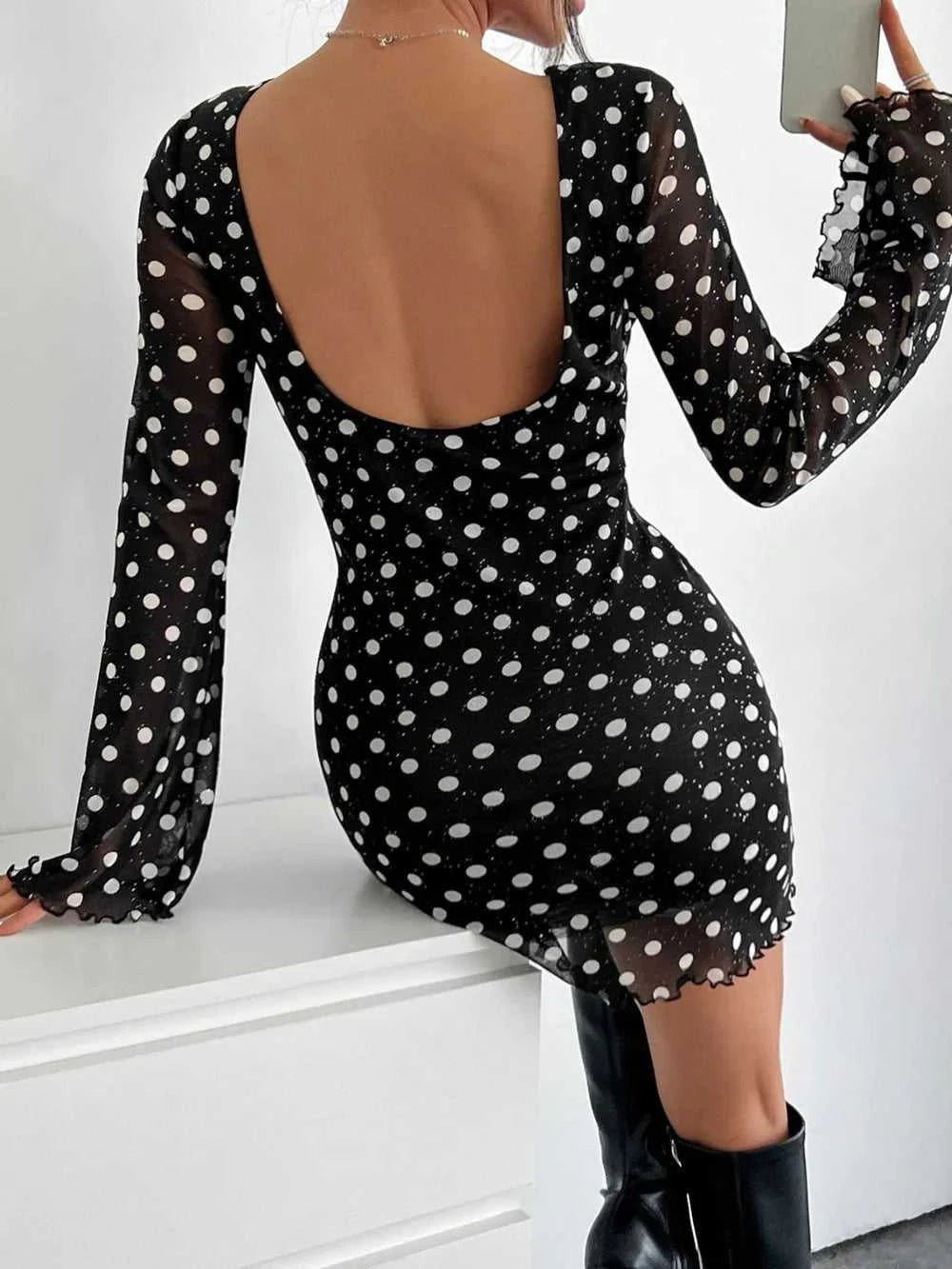 Backless Polka dot Long Sleeve Mini Mesh Dress 100100947031516 27 Affordable Fashion Under $100 Jerry's Apparel 
