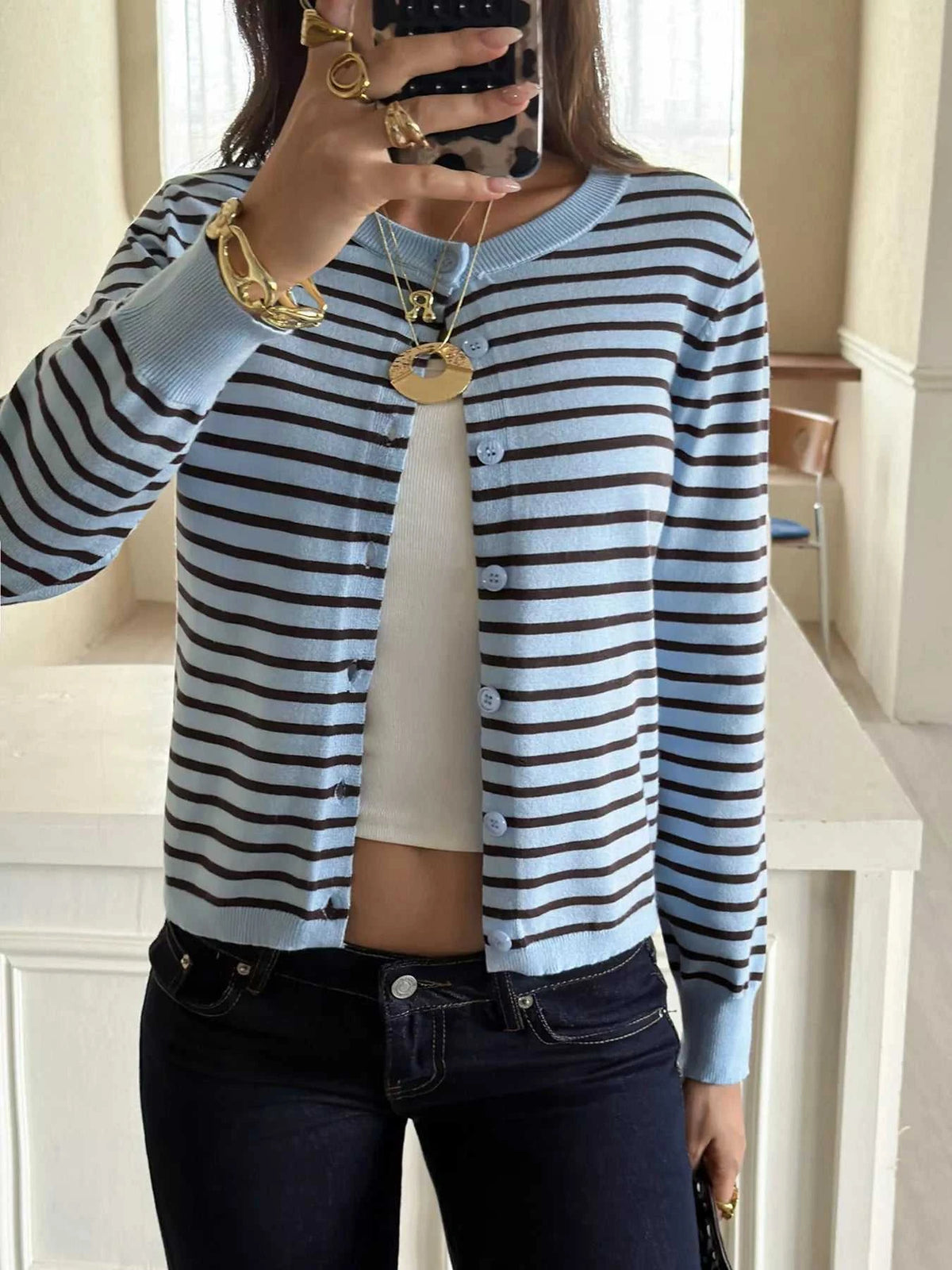Striped Crew Neck Button-Down Cardigan 101002952713518 48 Affordable Fashion Under $100 Jerry's Apparel 