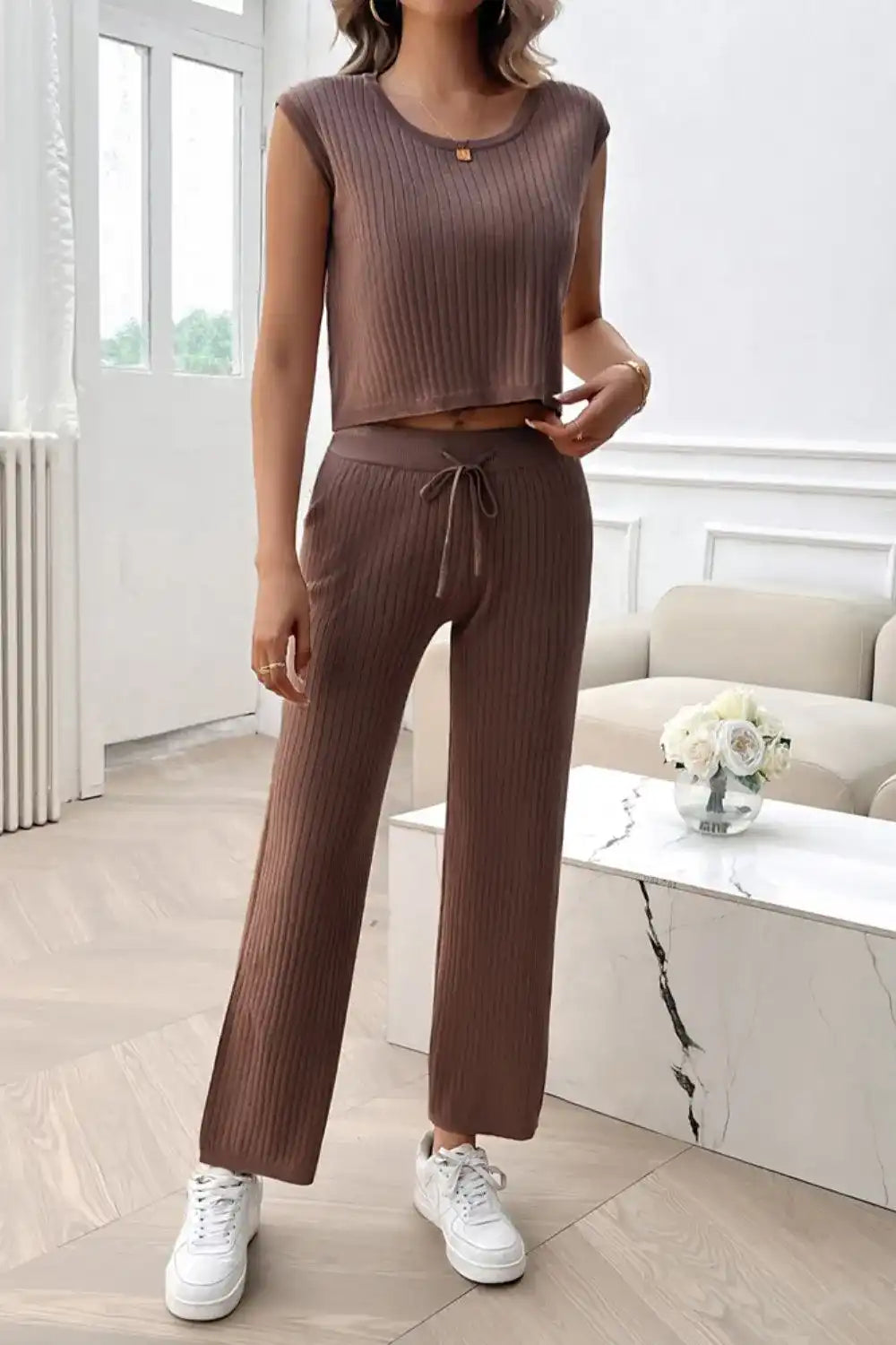 Devine Ribbed Round Neck Top and Pants Set 100100643541406 76 Affordable Fashion Under $100 Jerry's Apparel 