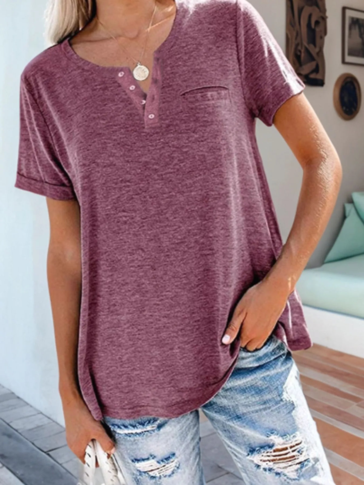 Full Size Notched Short Sleeve T-Shirt Plus Size