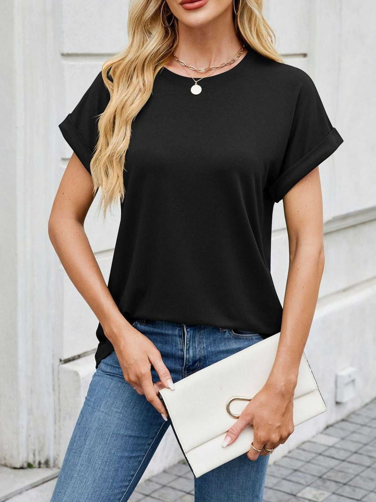Casual Rolled Sleeve Solid Color T-Shirt 100100517201662 22 Affordable Fashion Under $100 Jerry's Apparel 