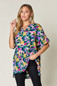 Full Size Printed V-Neck Short Sleeve Blouse