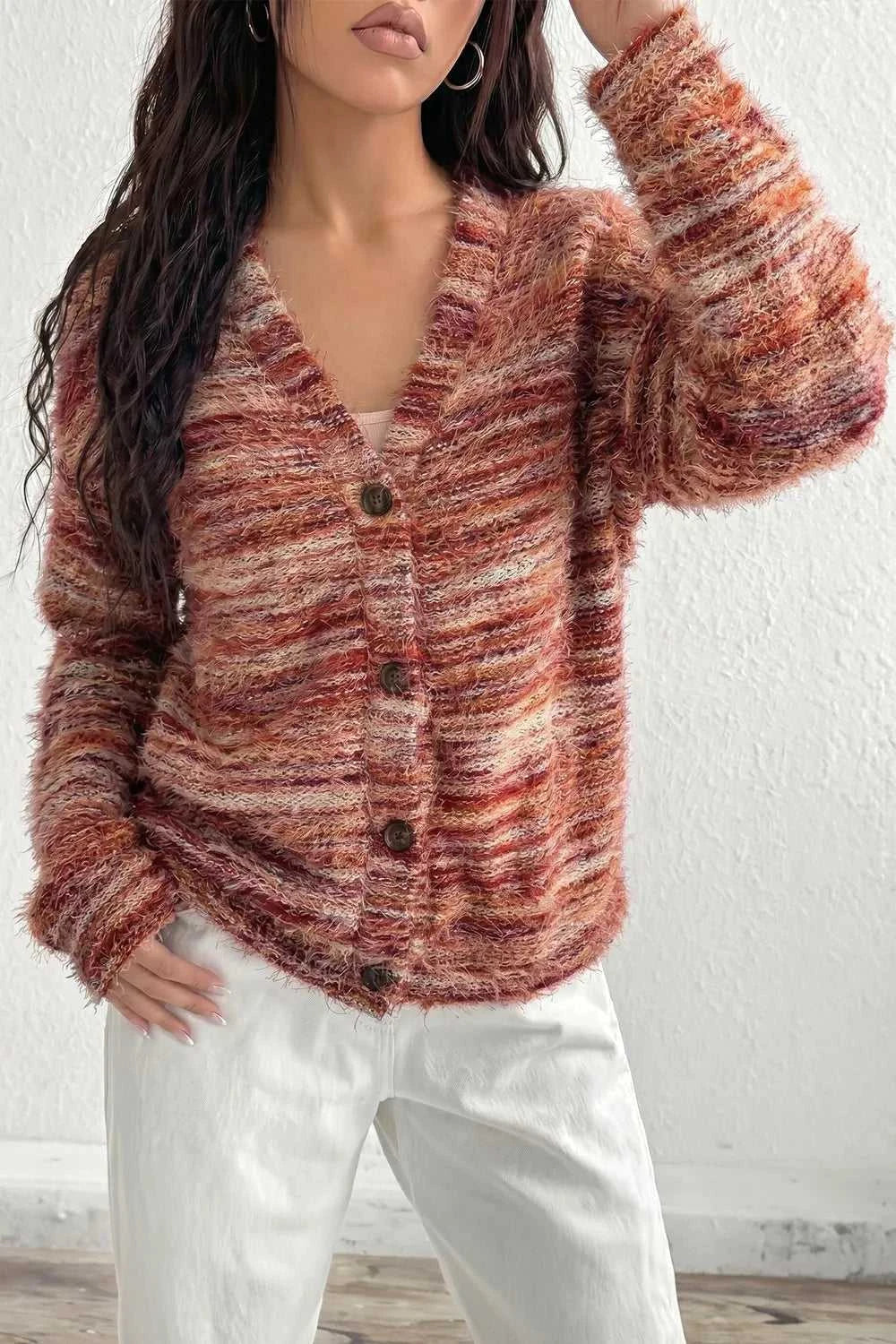 Fuzzy Striped Button Front Cardigan Sweater 100100382031613 39 Affordable Fashion Under $100 Jerry's Apparel 