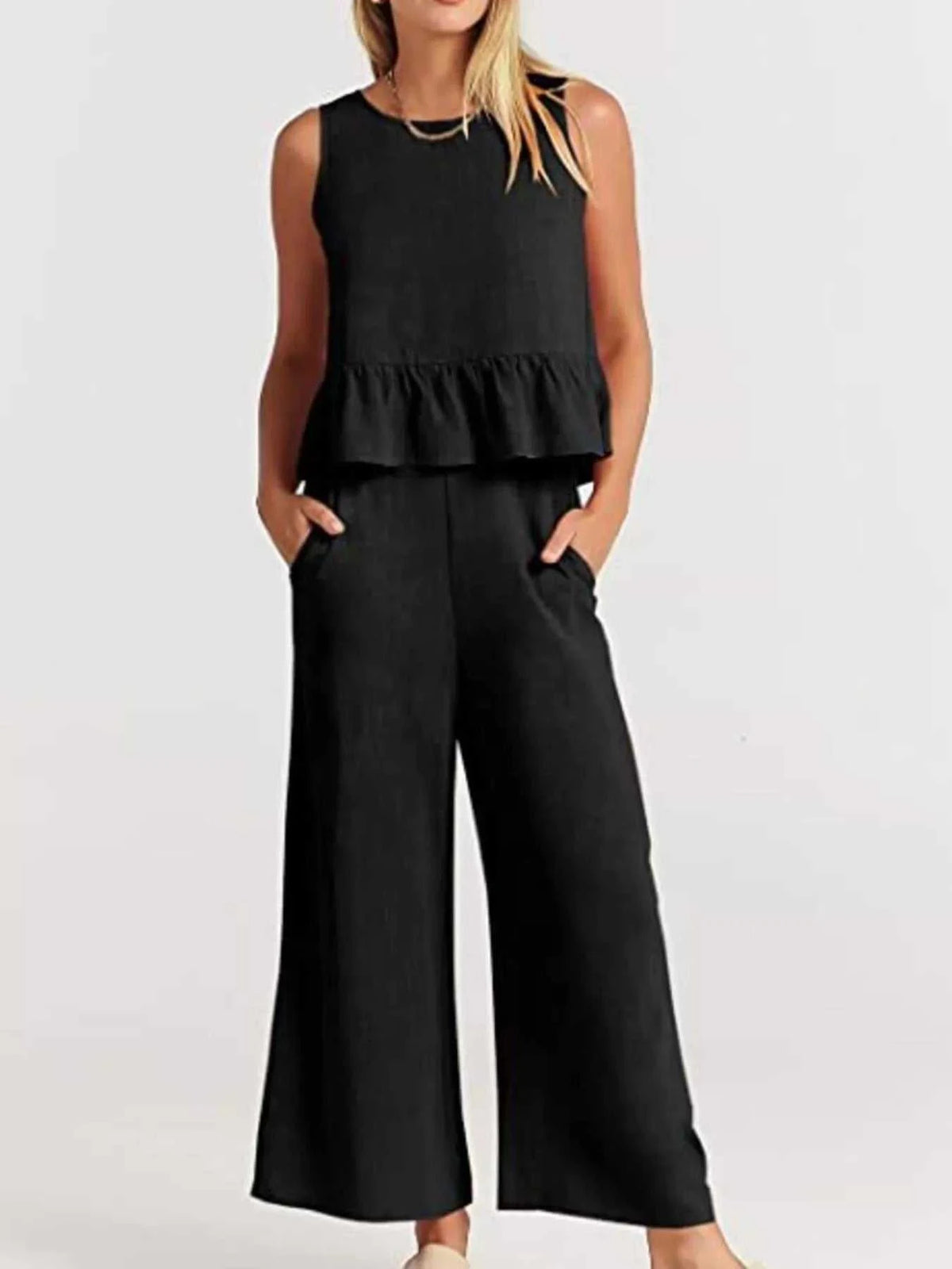 Full Size Ruffled Hem Sleeveless Top and Wide-Leg Pants Set Plus Size 100100048319818 31 Affordable Fashion Under $100 Jerry's Apparel 