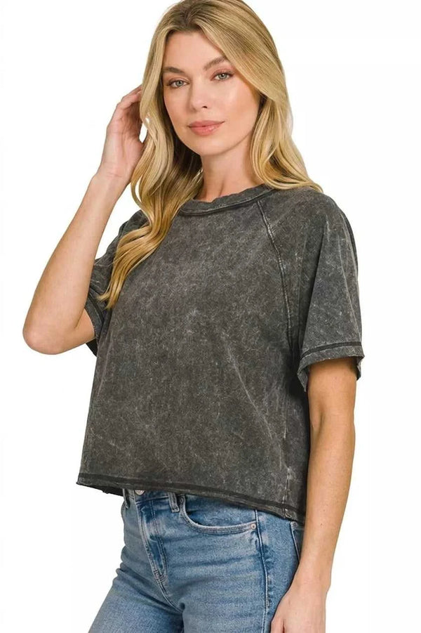 Zenana Acid Washed Round Neck Crop Tee 100100901791831 22 Affordable Fashion Under $100 Jerry's Apparel 