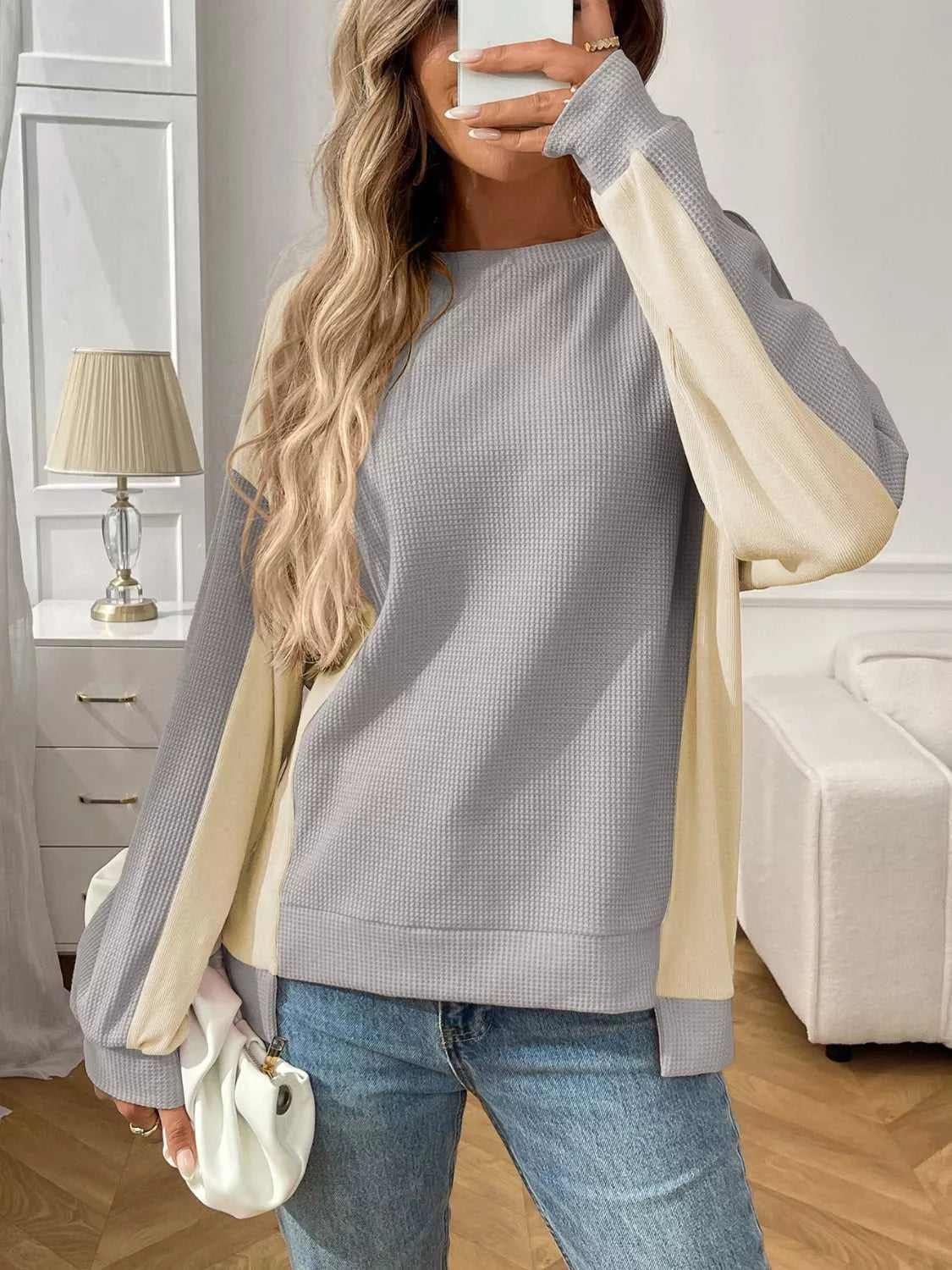 Color Block Waffle Knit Long Sleeve T-Shirt 100100404511401 37 Affordable Fashion Under $100 Jerry's Apparel 