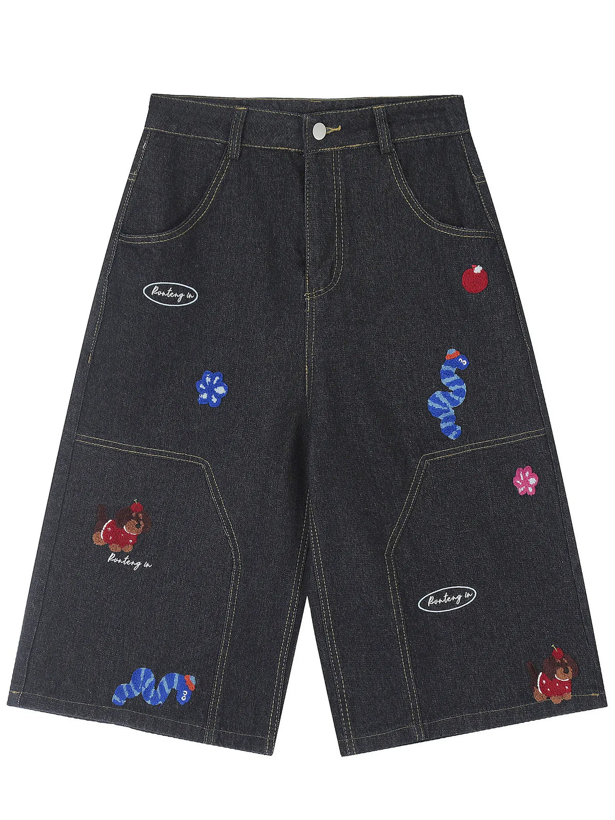 Men's Cartoon Embroidered Detail Wide Leg Denim Shorts