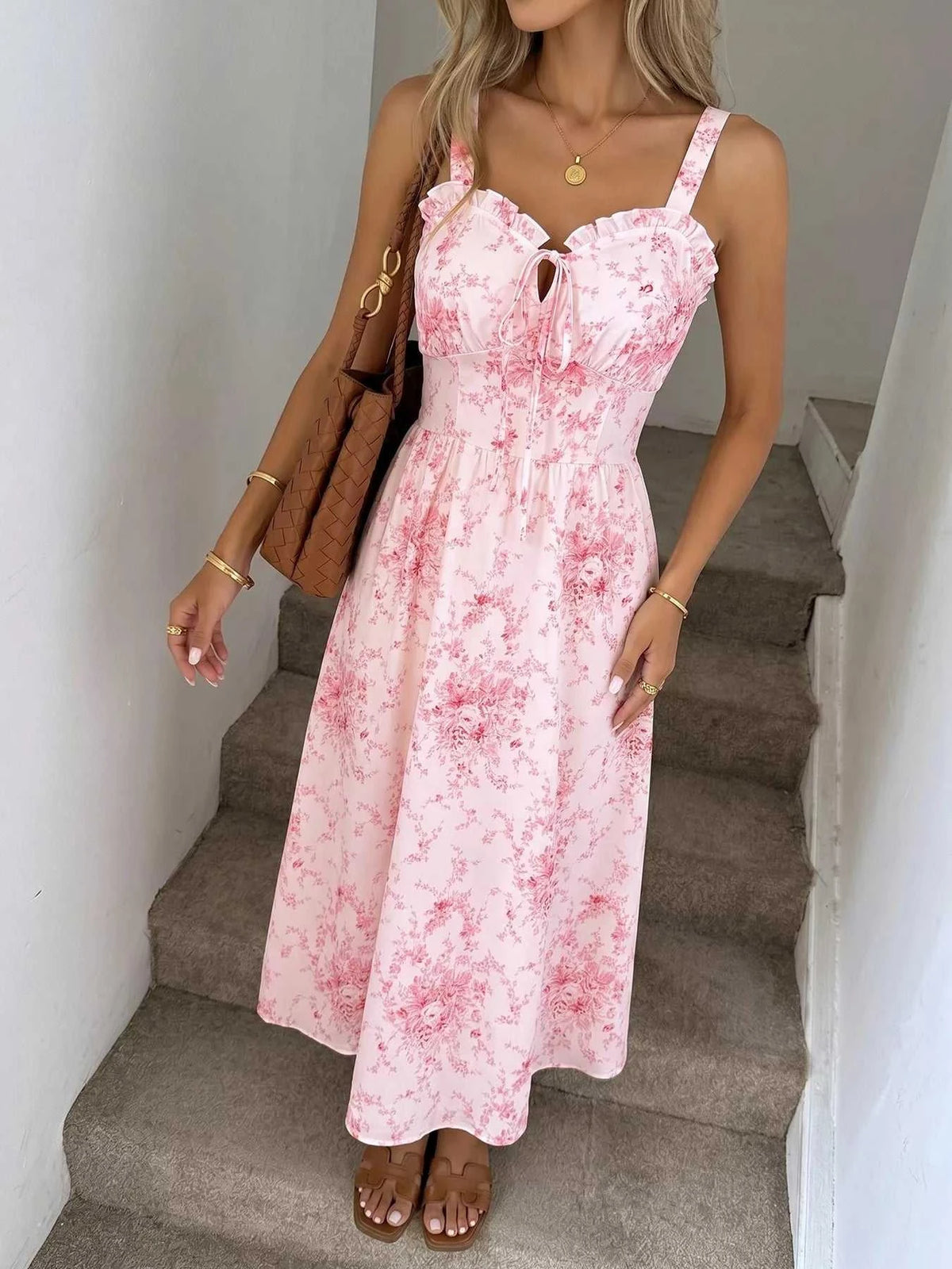 Floral Print Frill Trim Cami Dress 100100490304212 34 Women's Midi Dress Affordable Fashion Under $100 Jerry's Apparel 