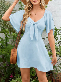 Smocked Back Knotted Flutter Sleeve Dress