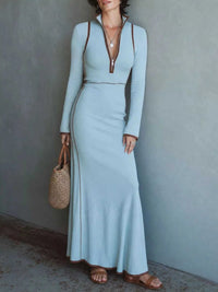 Full Size Contrast Trim Zip-Up Long Sleeve Knit Maxi Dress Plus Size 101002329716993 50 Affordable Fashion Under $100 Jerry's Apparel 