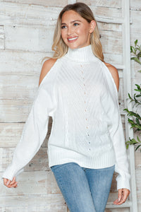 Cable-Knit Turtleneck Cold Shoulder Sweater