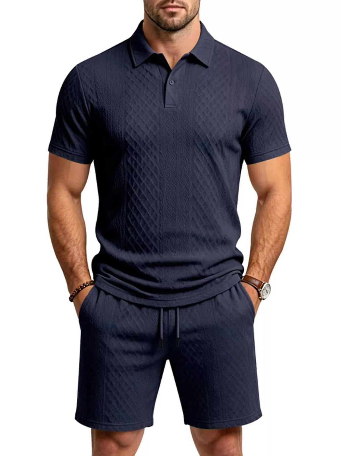 Men's Full Size Textured Short Sleeve Polo and Shorts Set Plus Size 100400456225326 35 Men's Sets Jerry's Apparel 