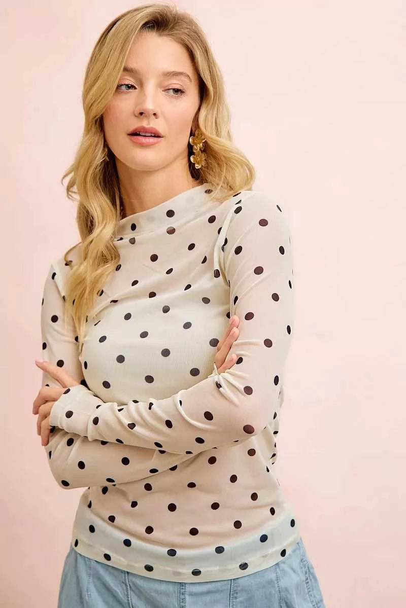 BiBi High Neck Line Polka Dots Mesh Top With Thumb Open 100100247581444 36 Gifts for Her Jerry's Apparel 
