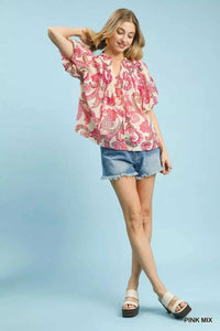 Umgee Mix Paisley Print Peasant Top with Tie Neck 100100324551234 51 Affordable Fashion Under $100 Jerry's Apparel 