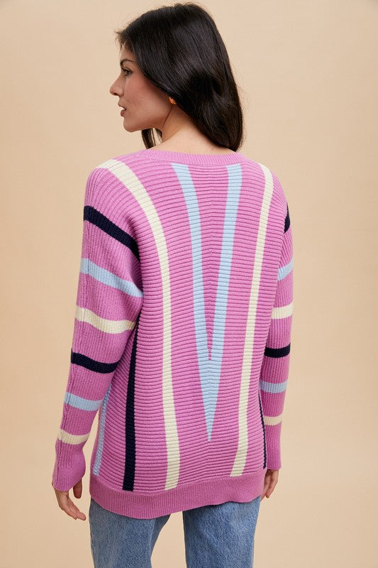 Annie Wear Chevron Stripe Round Neck Ribbed Sweater