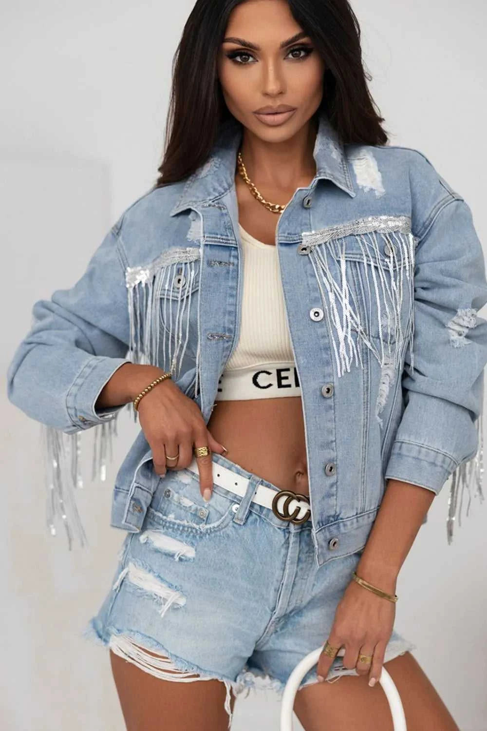 Sequin Fringe Trim Distressed Button Up Denim Jacket 100100307792425 101 Birthday Outfit Ideas Jerry's Apparel 