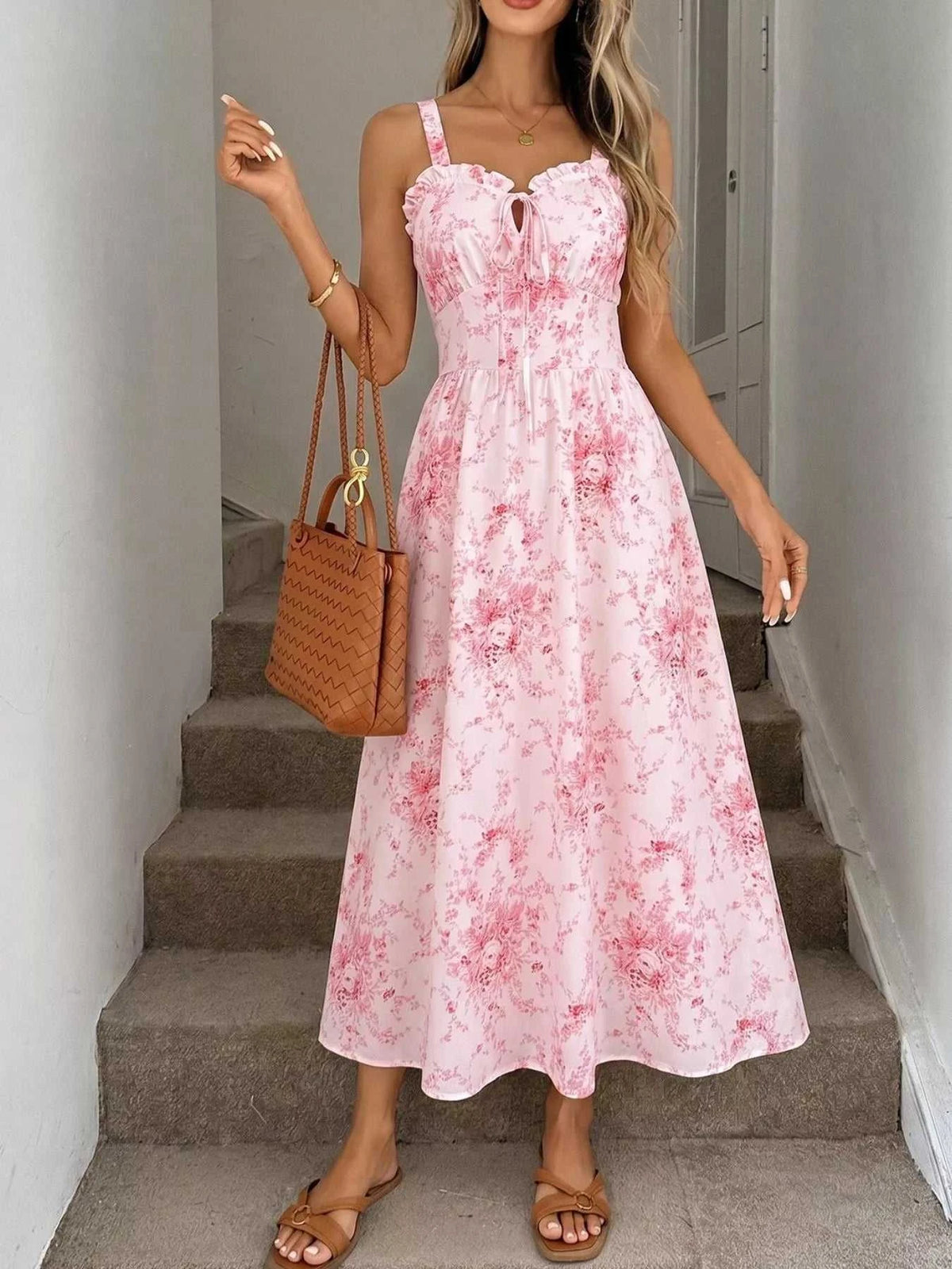 Floral Print Frill Trim Cami Dress 100100490304212 34 Women's Midi Dress Affordable Fashion Under $100 Jerry's Apparel 