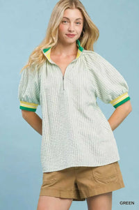Umgee Botanical Print Puff Short Sleeve Blouse with Contrast Collar 100100283631964 55 Affordable Fashion Under $100 Jerry's Apparel 