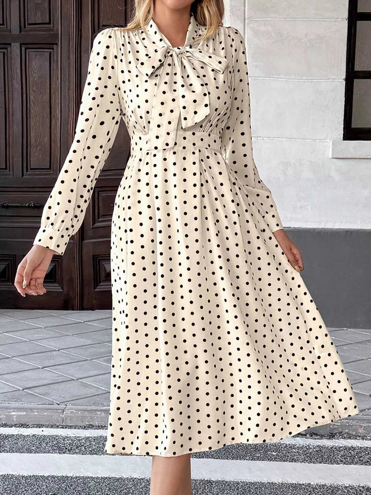 Polka Dot Tie Front Long Sleeve Midi Dress 100100412285779 42 Gifts for Her Jerry's Apparel 