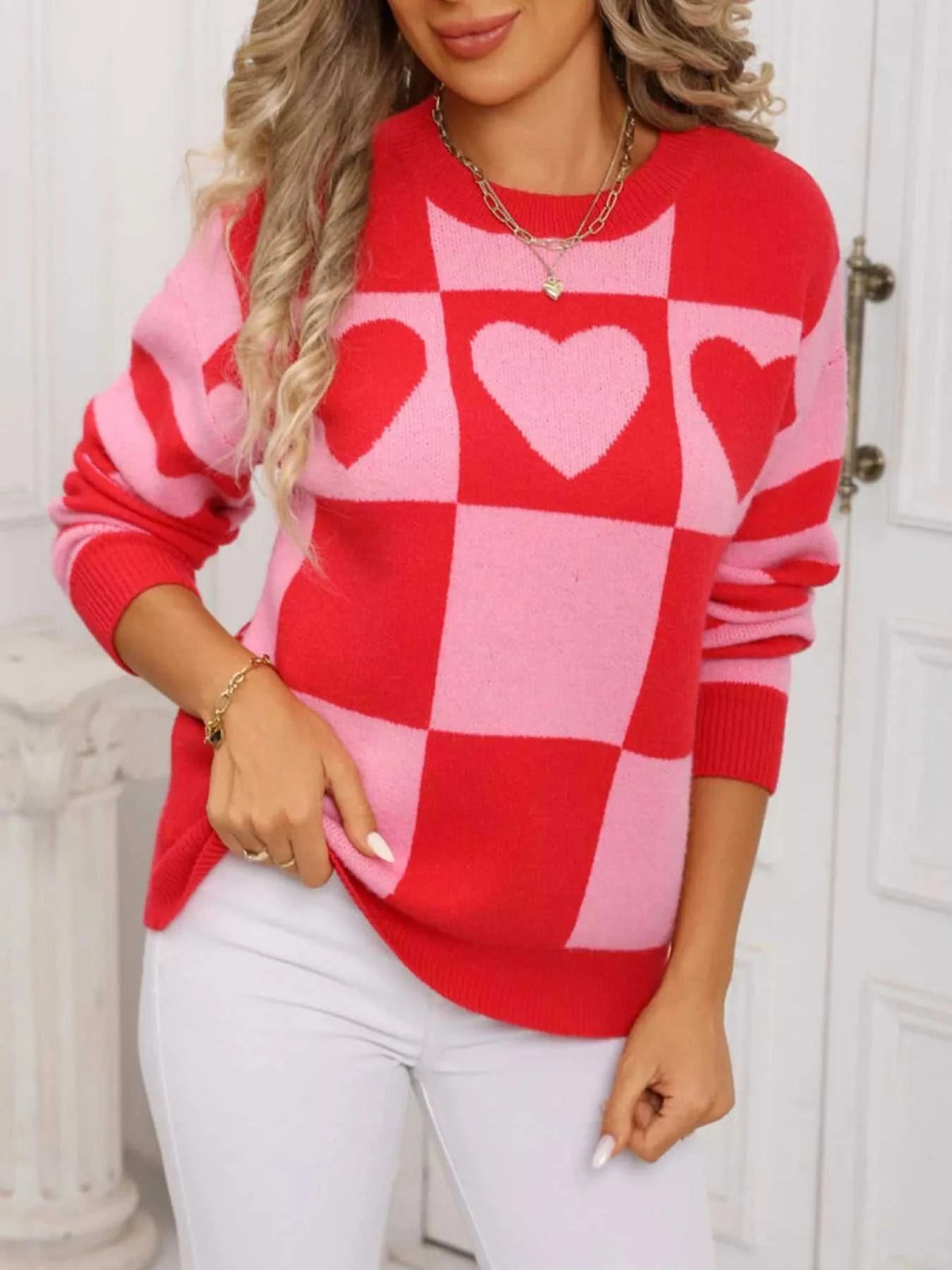 Heart Pattern Checkerboard Knit Sweater 100100337123266 46 Affordable Fashion Under $100 Jerry's Apparel 